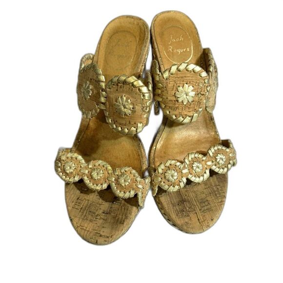 Jack Rogers Leigh Wedges Sandals Cork Platform Brown Gold Leather Slip On size 8 - Picture 2 of 11